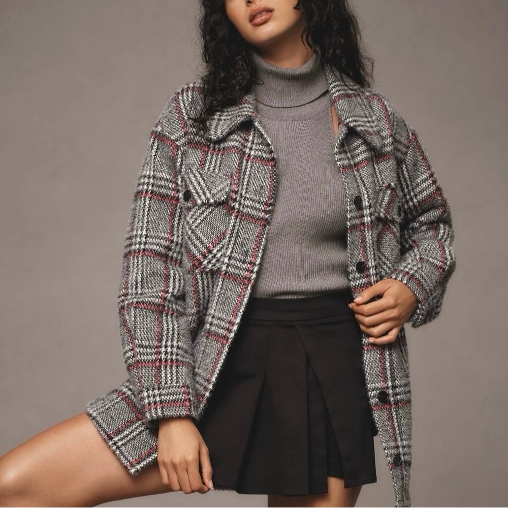 Anthropologie Greylin Plaid Fuzzy Jacket Shirt Warm gray women SMALL New